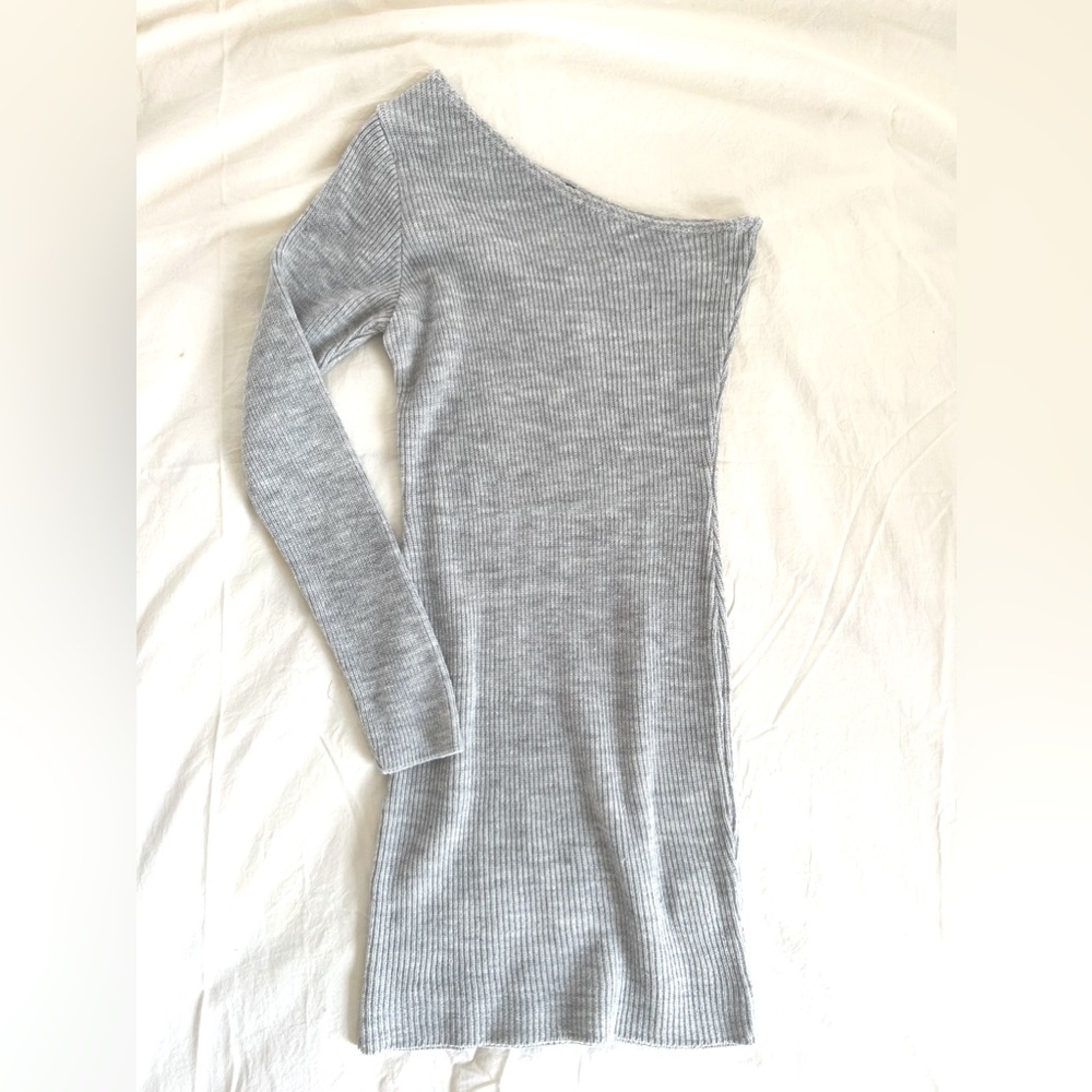 One Shoulder Knit Grey Sweater Dress